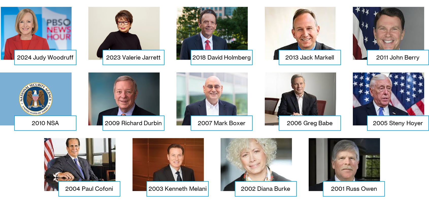 image 2024 Judy Woodruff, 2023 Valerie Jarrett, 2018 David Holmberg, 2013 Jack Markell, 2011 John Berry, 2010 NSA, 2009 Richard Durbin, 2007 Mark Boxer, 2006 Greg Babe, 2005 Steny Hoyer, 2004 Paul Cofoni, 2003 Kenneth Melani, 2002 Diana Burke, 2001 Russ Owen